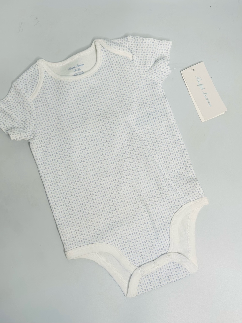 Ralph Lauren White Bodysuit with Light Blue Micro Dot Pattern